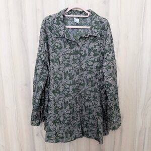 JMS Womens Blouse Size 4X Green Floral Button Front Long Sleeve Boho Cottage